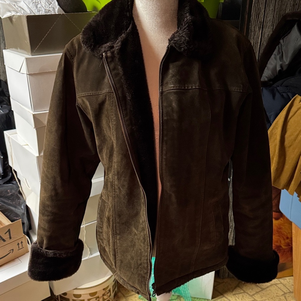 Adler Collection Brown Suede Jacket with Fur Lining